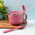 Angled view of Apex leak-proof noodle bowl with handle and included fork