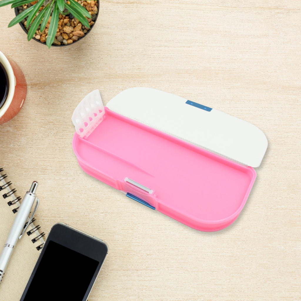 Open cartoon pencil box showcasing its dual sections and ample storage space.