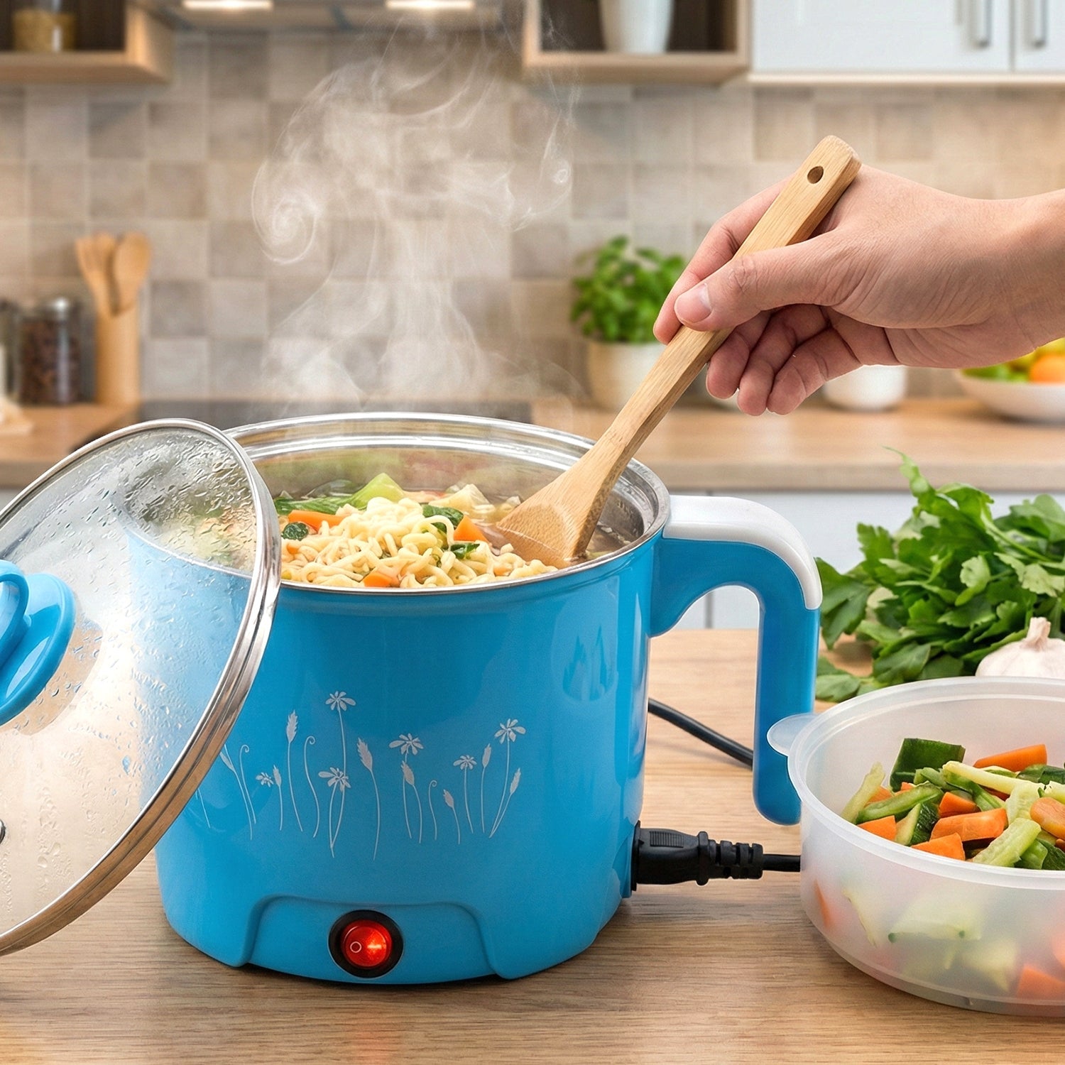 Portable single-serve electric cooking pot for noodles and soups