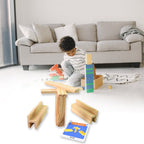 Multiple children collaborating to build complex designs with a wooden pattern puzzle.