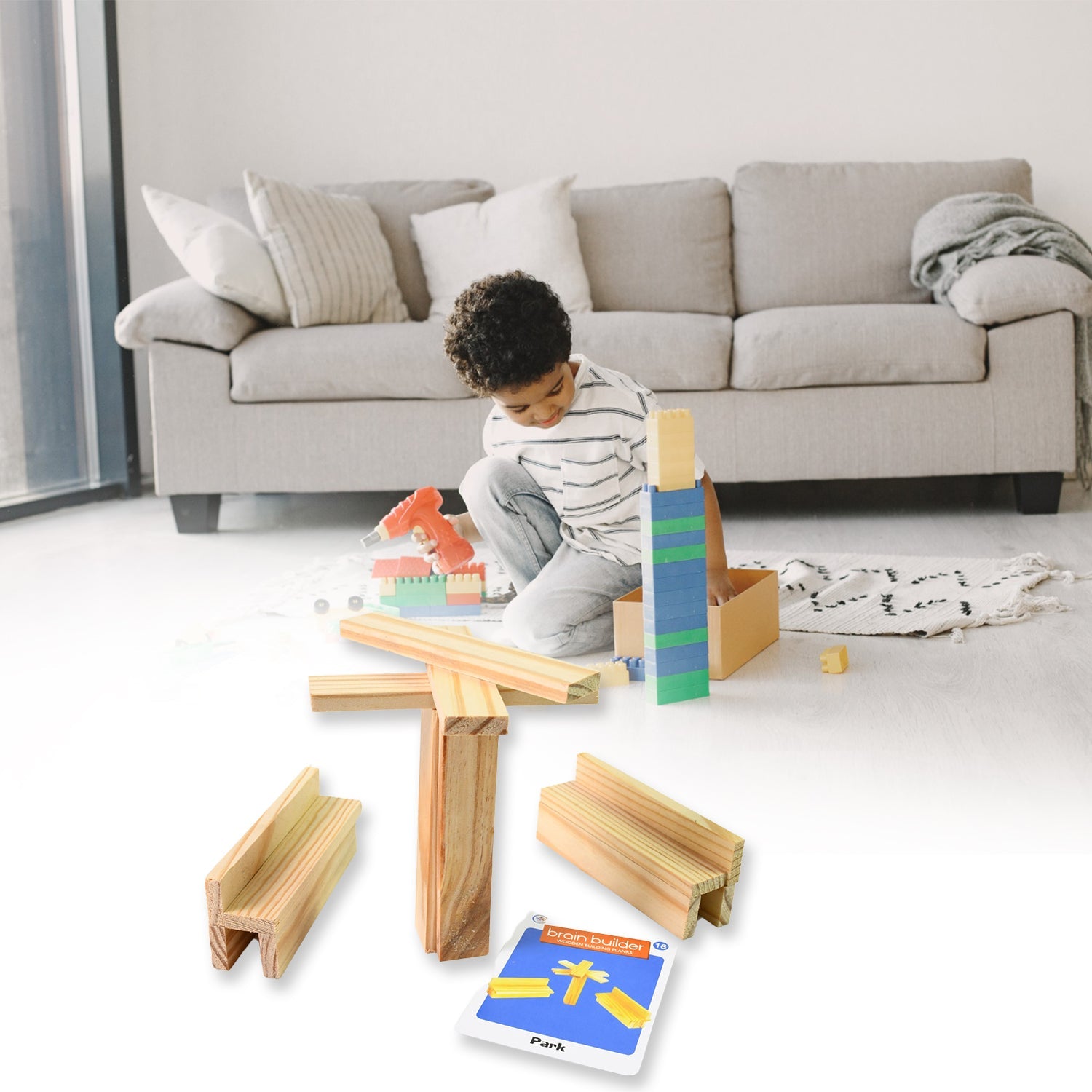 Multiple children collaborating to build complex designs with a wooden pattern puzzle.