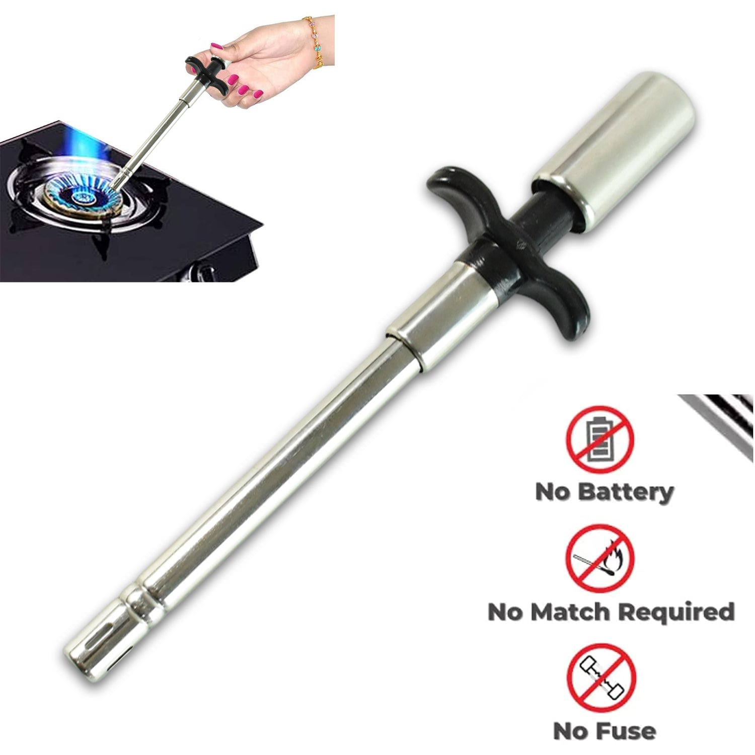 Side view of a compact stainless steel kitchen gas stove lighter