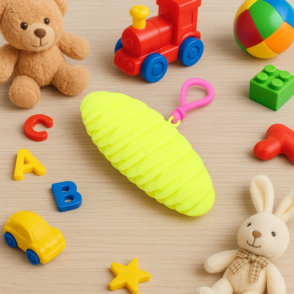 Segmented worm fidget toy placed on white background