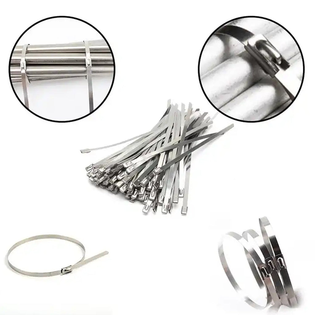 Stainless steel cable ties securing pipes, demonstrating their versatility for home improvement tasks.