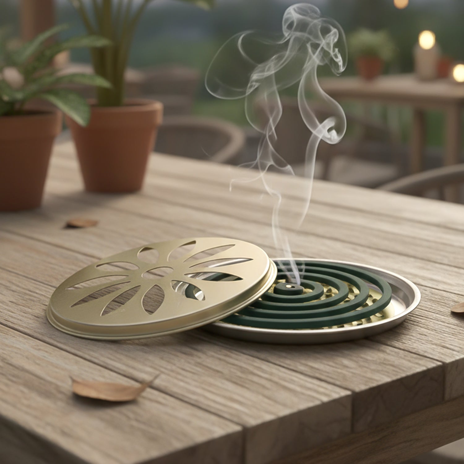 Side view of metal mosquito coil stand with protective cover