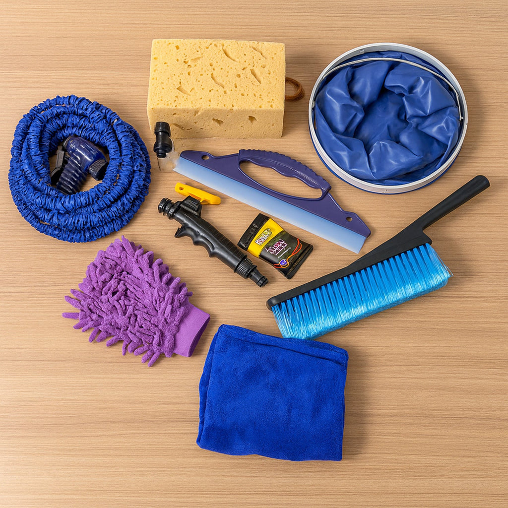 Complete set of car washing kit tools laid out for cleaning