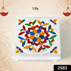 Close-up of the detailed Meenakari artwork on the side of the handmade wooden chowki.
