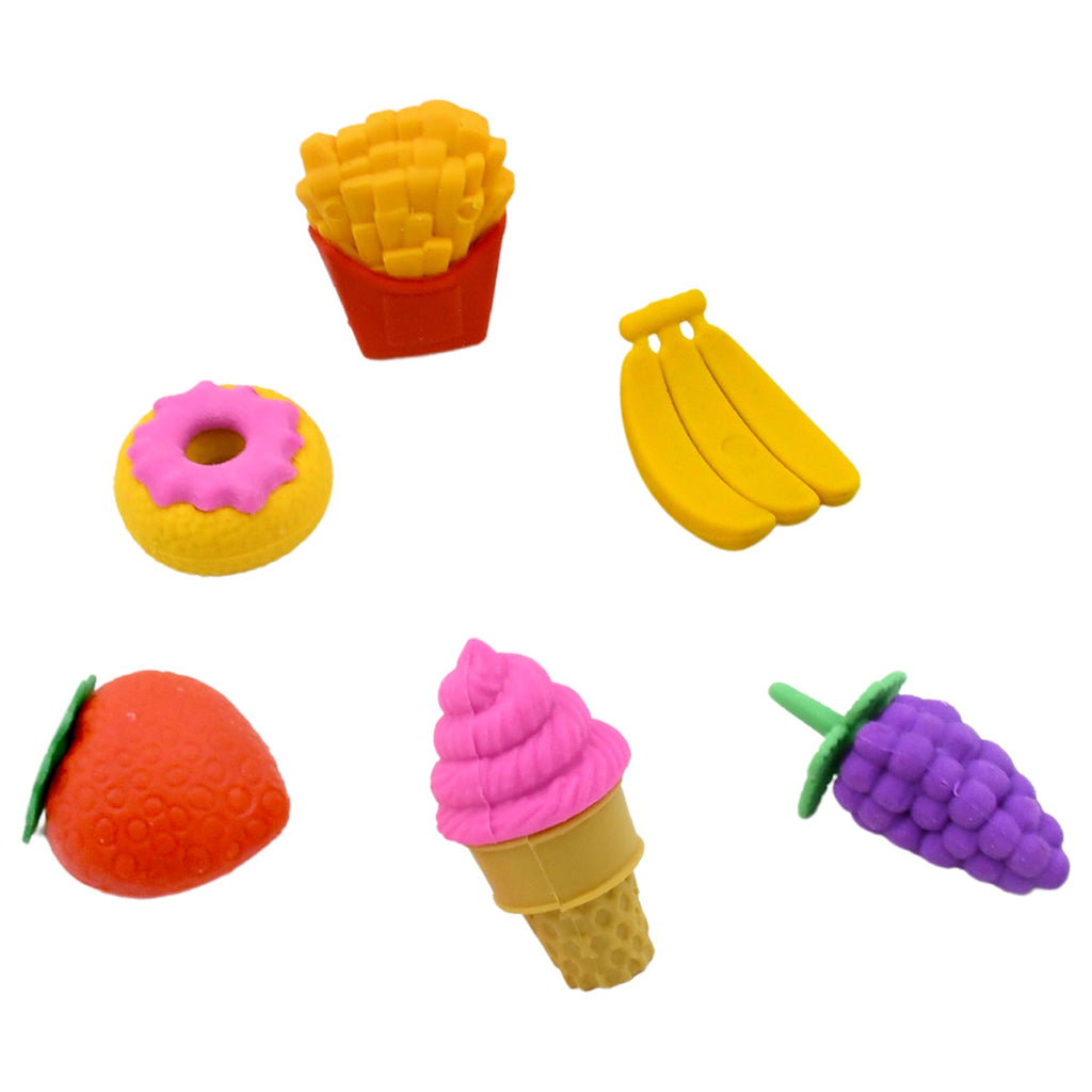Multiple 3D food erasers playfully scattered on a flat surface.
