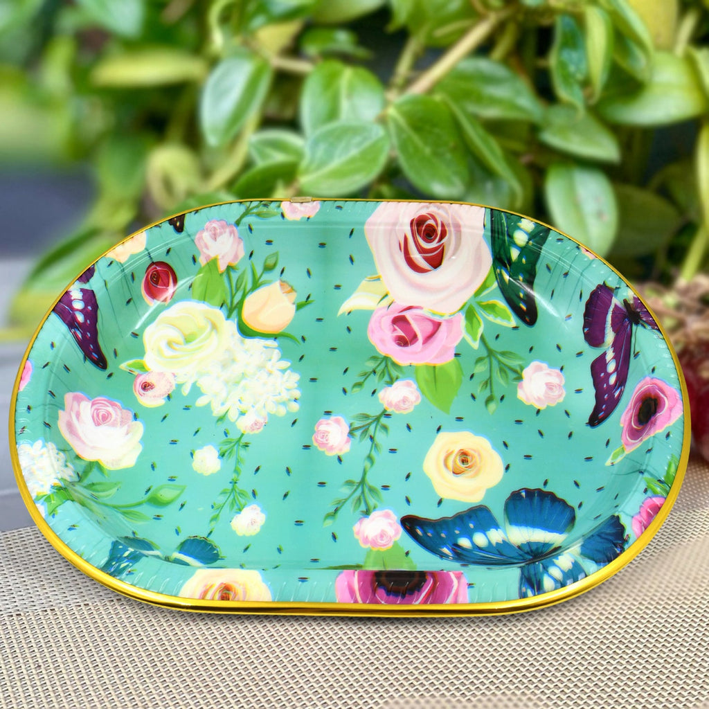 Vibrant flower printed plastic serving tray from Serve Stellar.