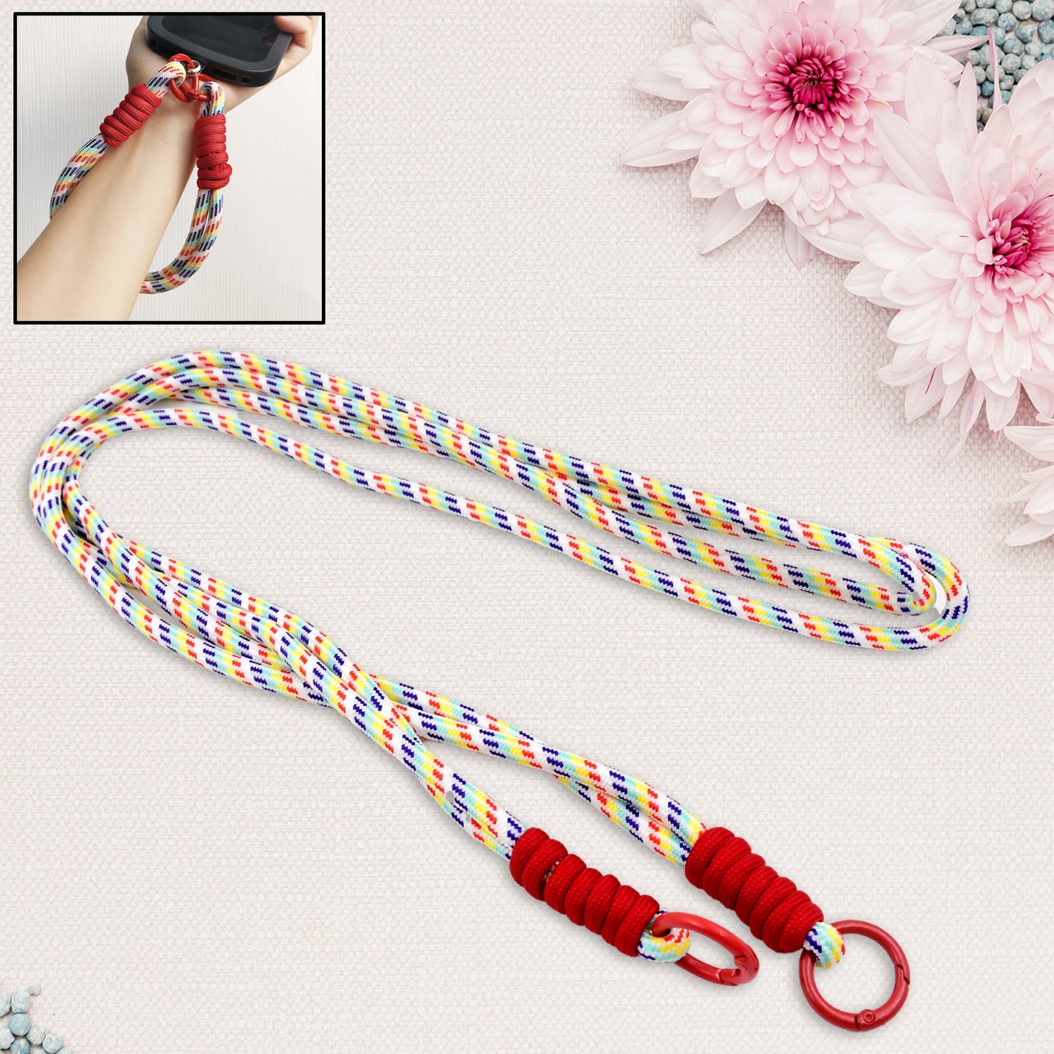Multicolour Universal Phone Lanyard securely holding a smartphone for hands-free convenience.