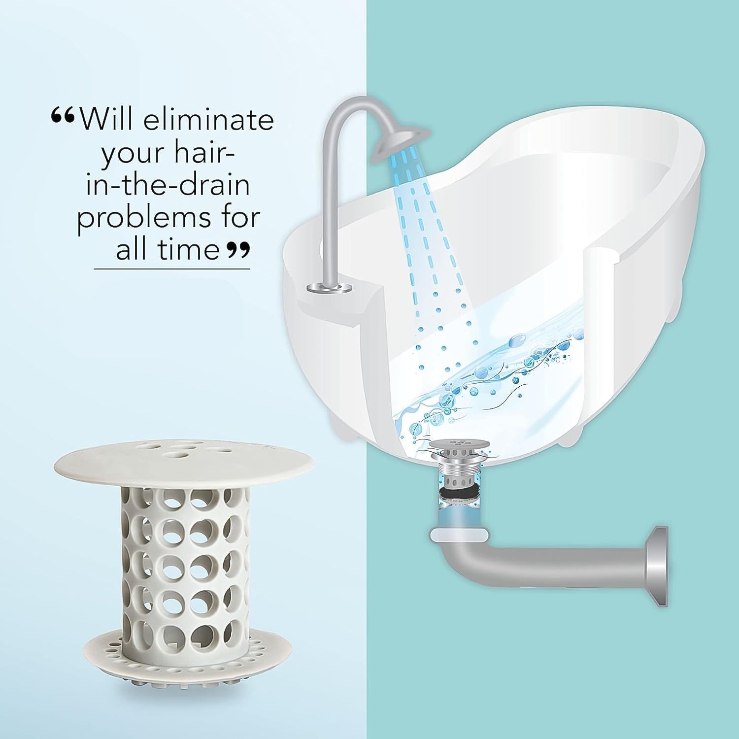 Silicone hair catcher inserted in tub drain trapping hair