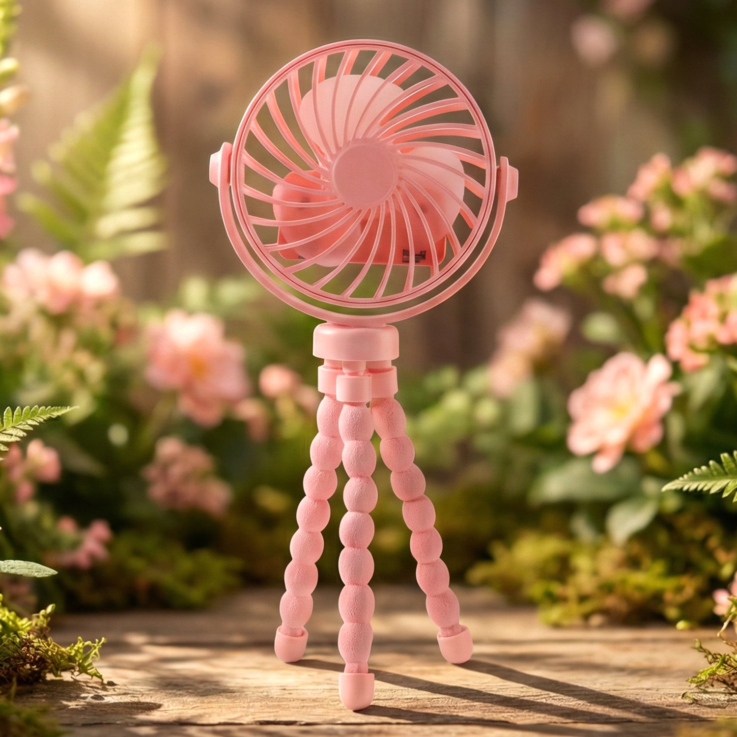Side view of portable rechargeable LED fan with adjustable flexible tripod legs