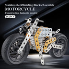 Child engaged in building the metal bike model, an educational STEM toy.