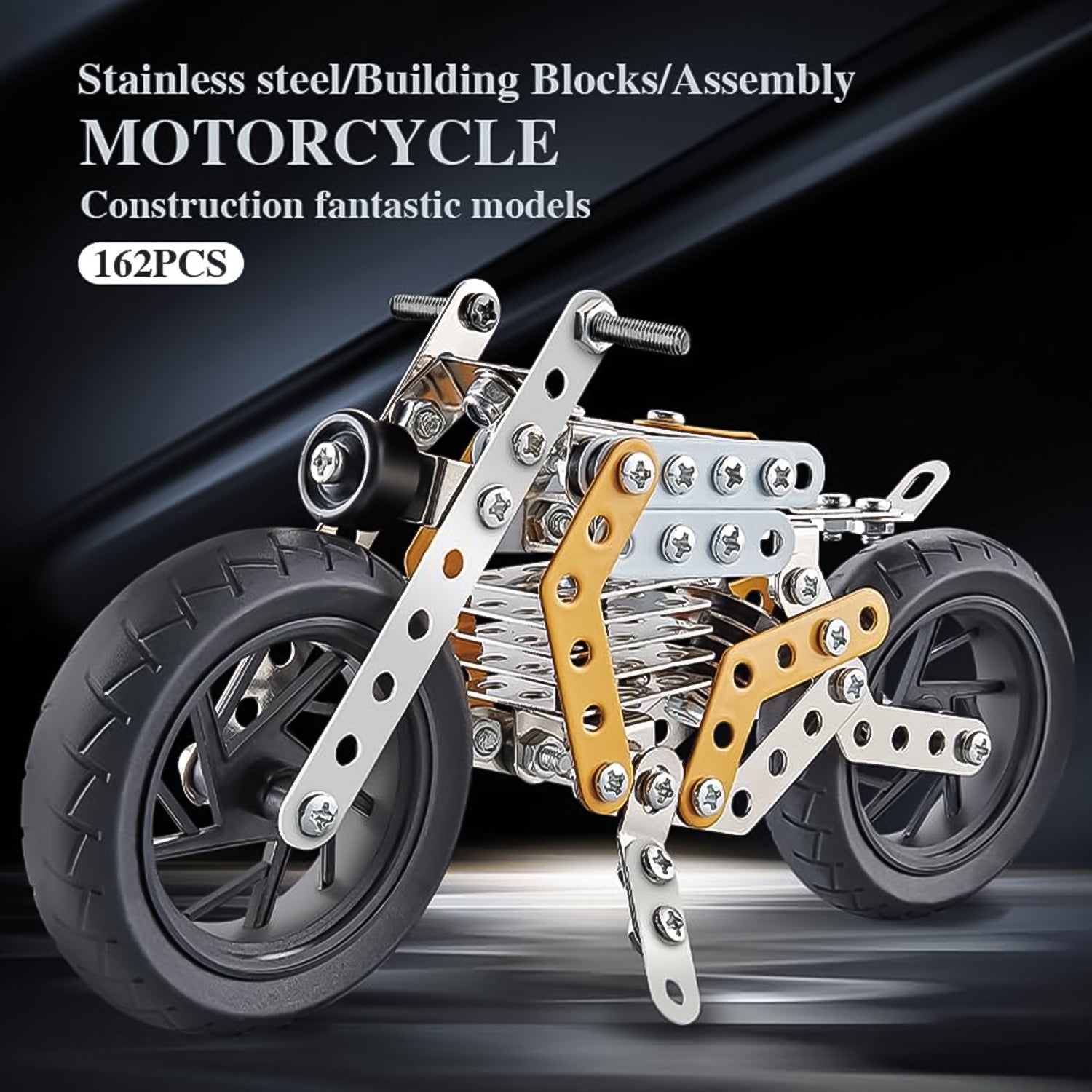 Child engaged in building the metal bike model, an educational STEM toy.