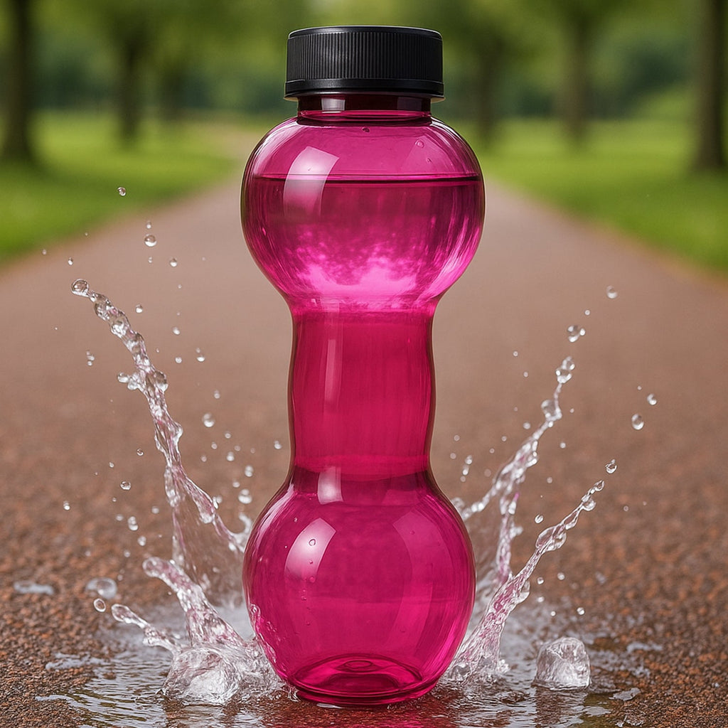 Angled side view of the portable water bottle, highlighting its unique design.