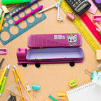 Playful metal bus pencil case with movable wheels, perfect for school-going children.