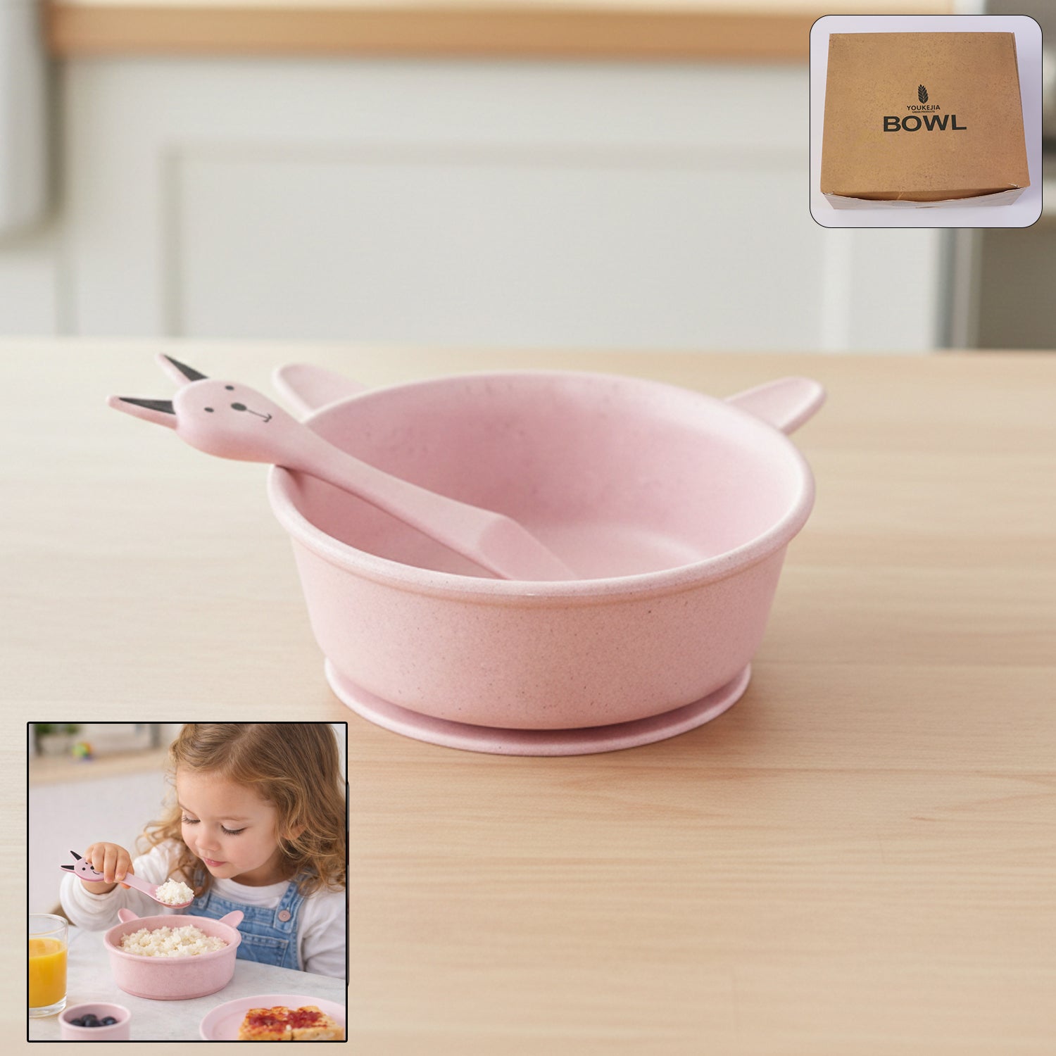 Kids feeding bowl with cute spoon set showing 240ML capacity