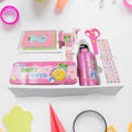 Blue cartoon-themed pencil box and a variety of stationery items for kids.