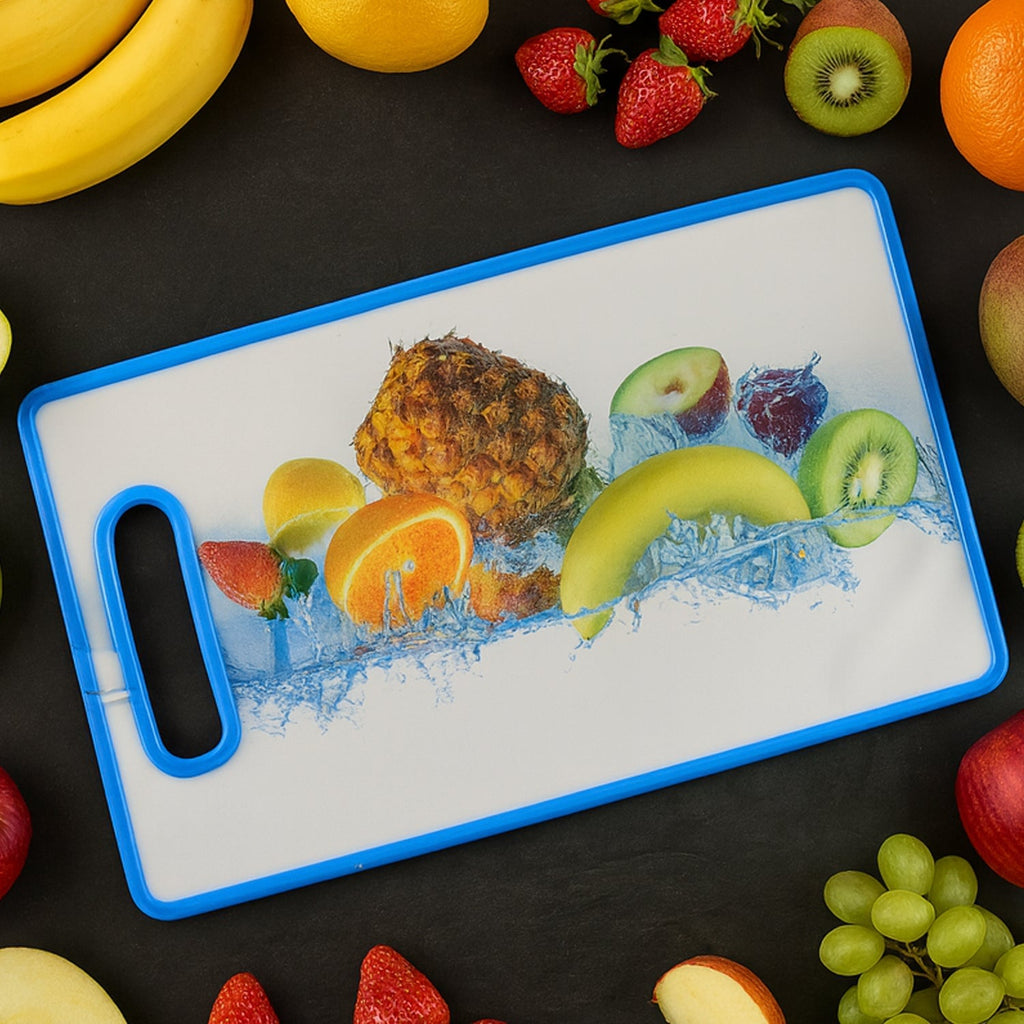Large cutting board with decorative fruit print and blue edge