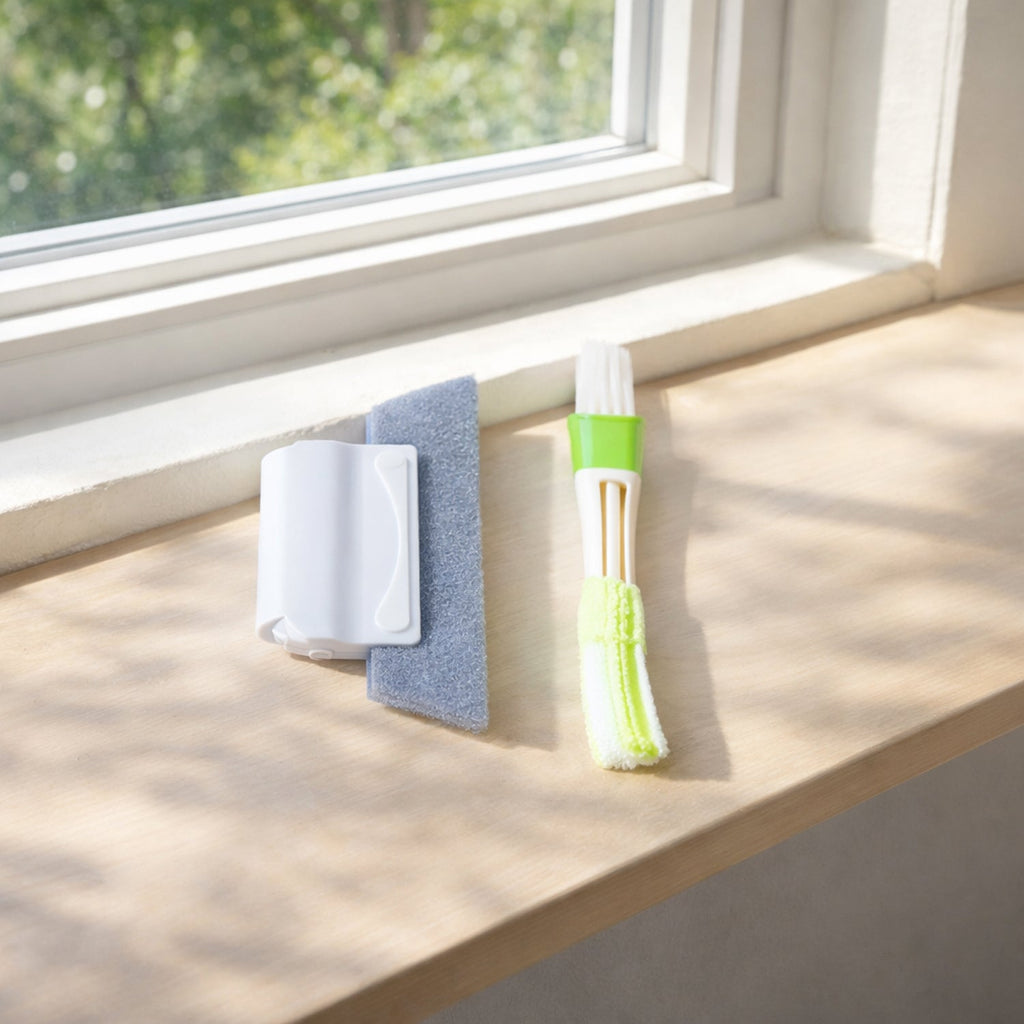 Multipurpose window and surface cleaning tool set featuring sponge and microfiber brush
