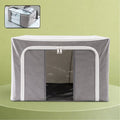 Foldable storage bag with a clear window displaying organized clothes, ready for home storage.