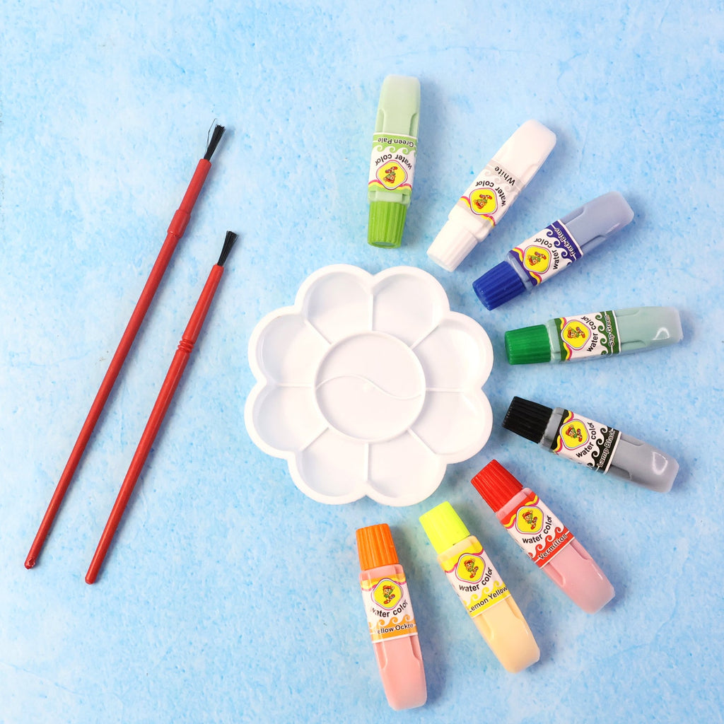 Watercolor paint set showcasing 8 vibrant colors with brushes and palette