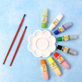 Watercolor paint set showcasing 8 vibrant colors with brushes and palette