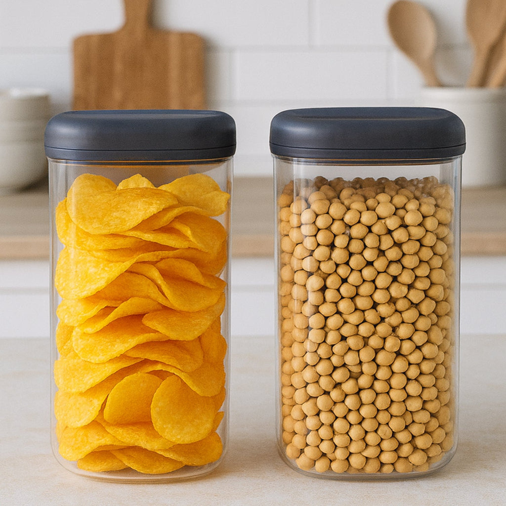 Airtight kitchen storage containers set of two with transparent bodies and twist-lock lids