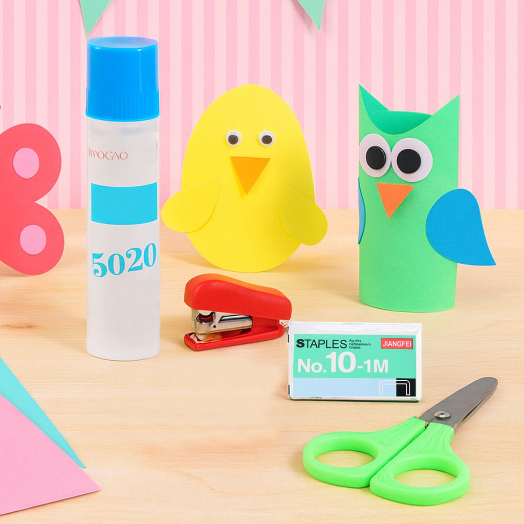 Kids crafting and stationery set including safety scissors, stapler, glue, and staples in vibrant colors