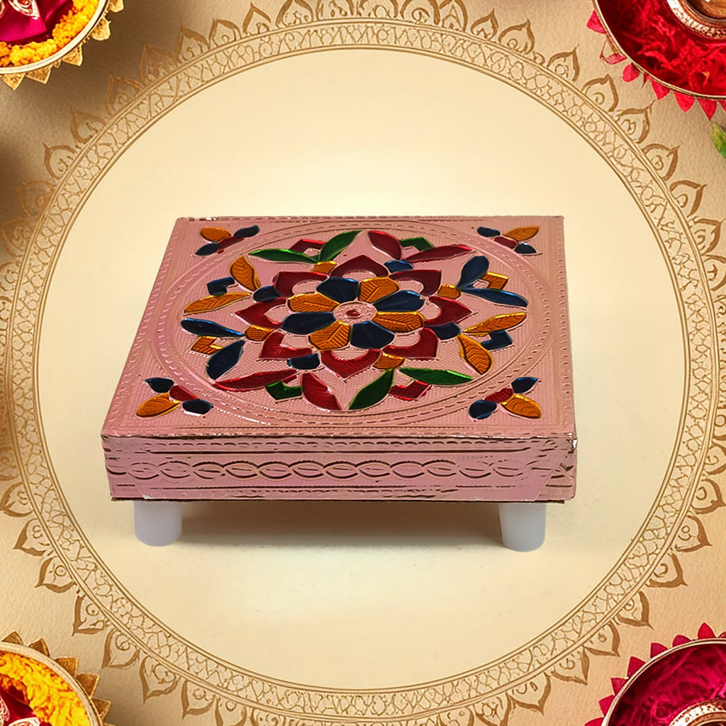 Top-down view of the Meenakari Puja Chowki, highlighting its vibrant design.