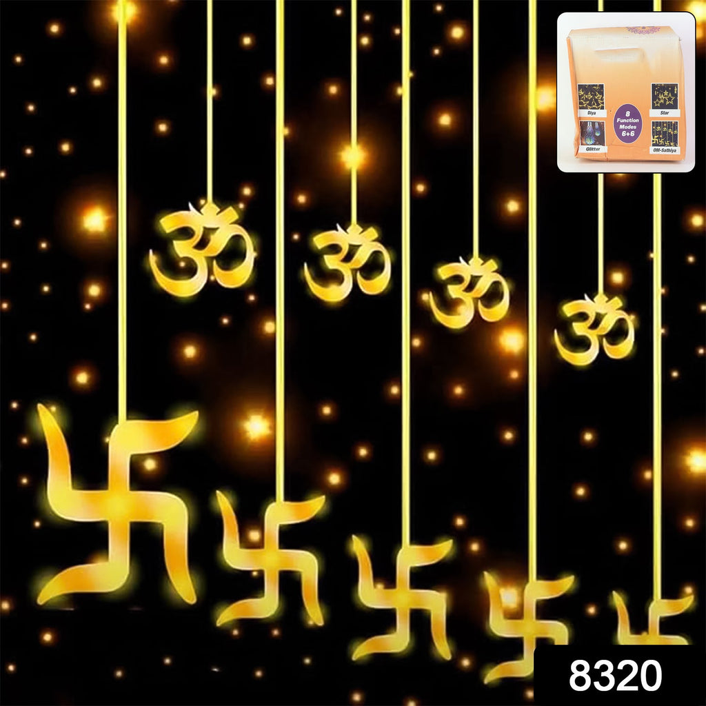 Close-up of illuminating Swastik Om LED string lights, showcasing the bright individual LEDs.