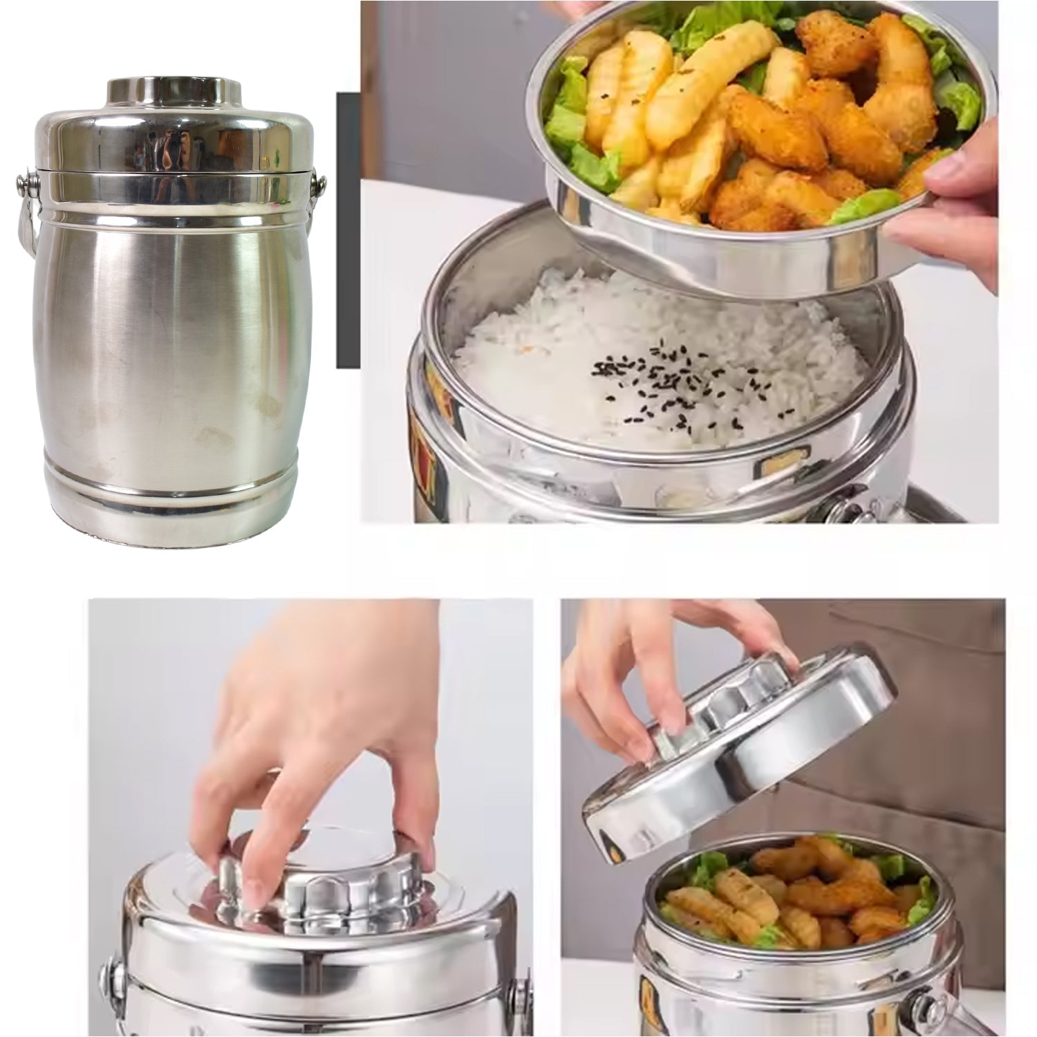 Leak-proof stainless steel tiffin with double-layer design.