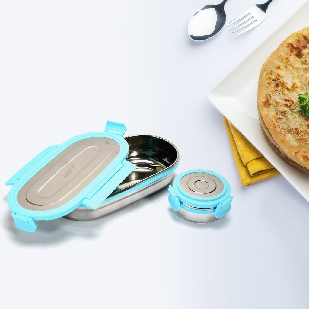 Close-up of Ganesh steel lunch box and container set
