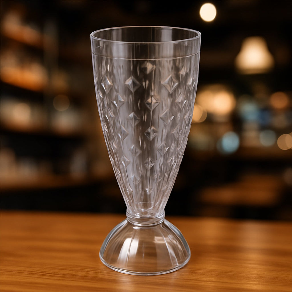 Detailed close-up of durable plastic milkshake glass with textured design