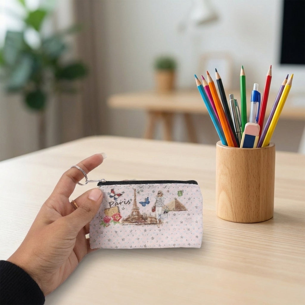Lightweight and portable Paris print coin and stationery pouch