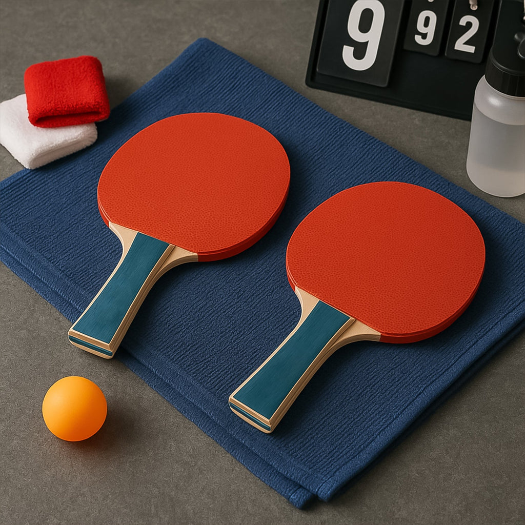 Two Konex table tennis paddles with rubber surfaces and orange balls on white background