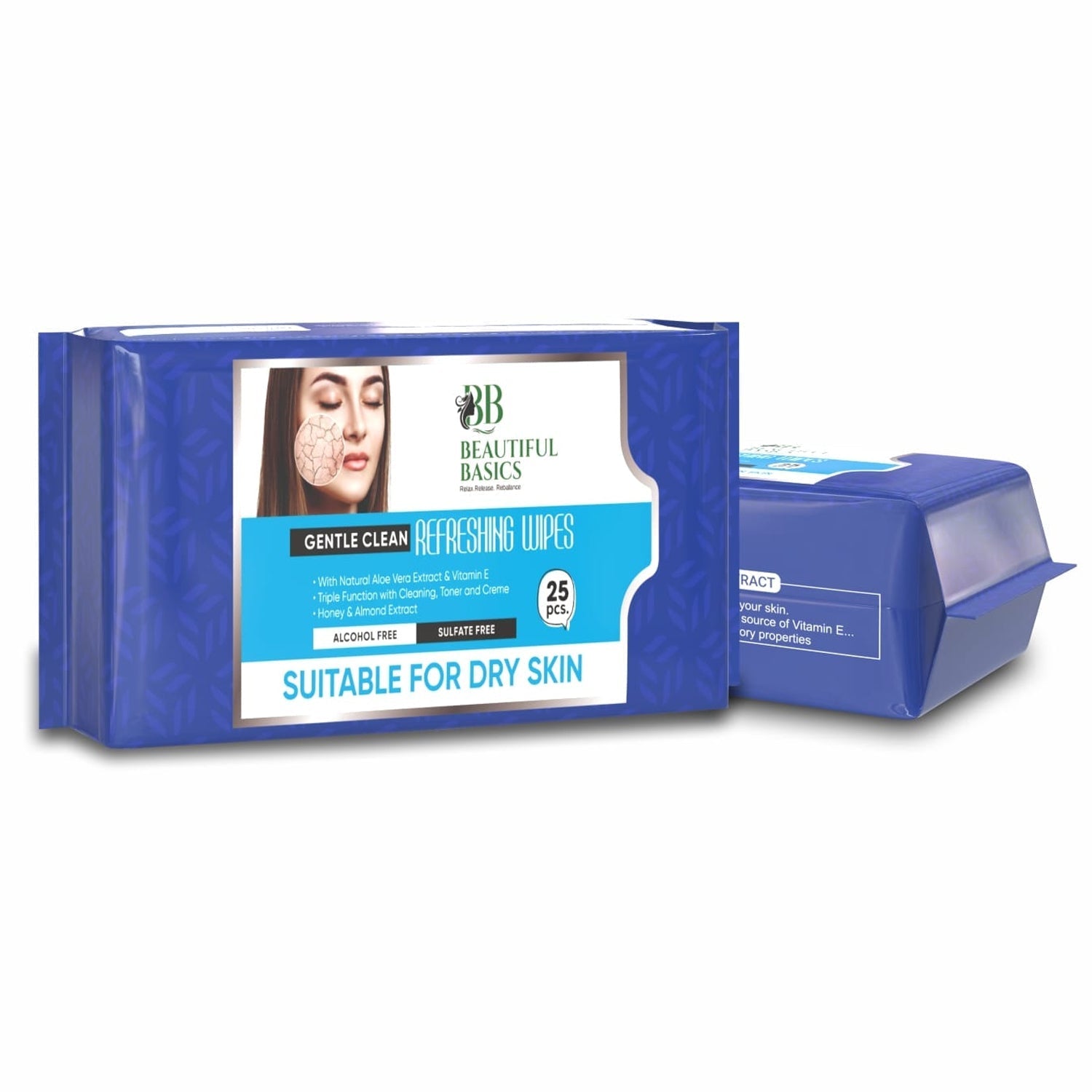 Pack of alcohol-free wet wipes with a hand holding a single wipe for gentle cleansing.