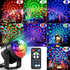 Dynamic LED Disco Ball Light projecting vibrant patterns in a darkened room.