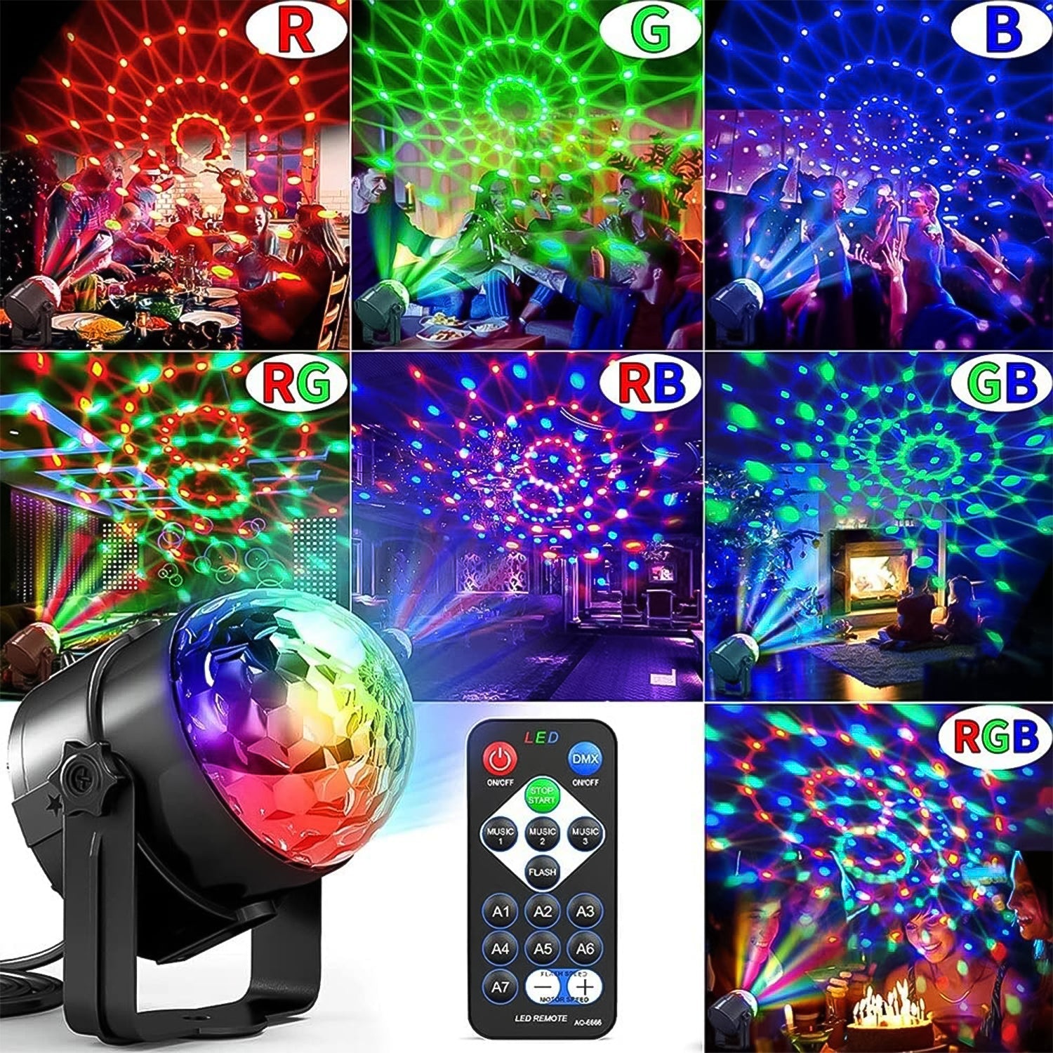 Dynamic LED Disco Ball Light projecting vibrant patterns in a darkened room.