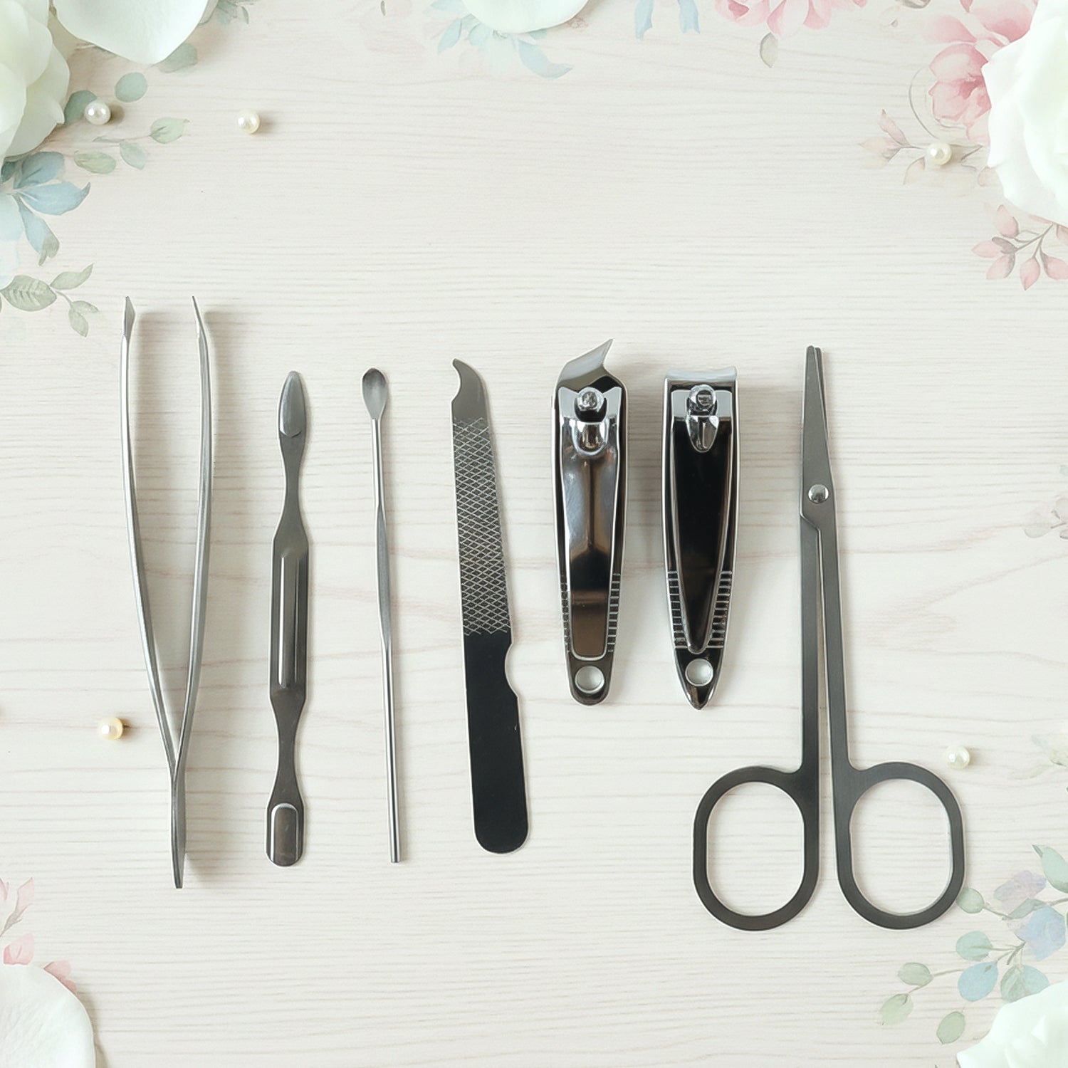Portable manicure and pedicure tool set in a compact case for travel
