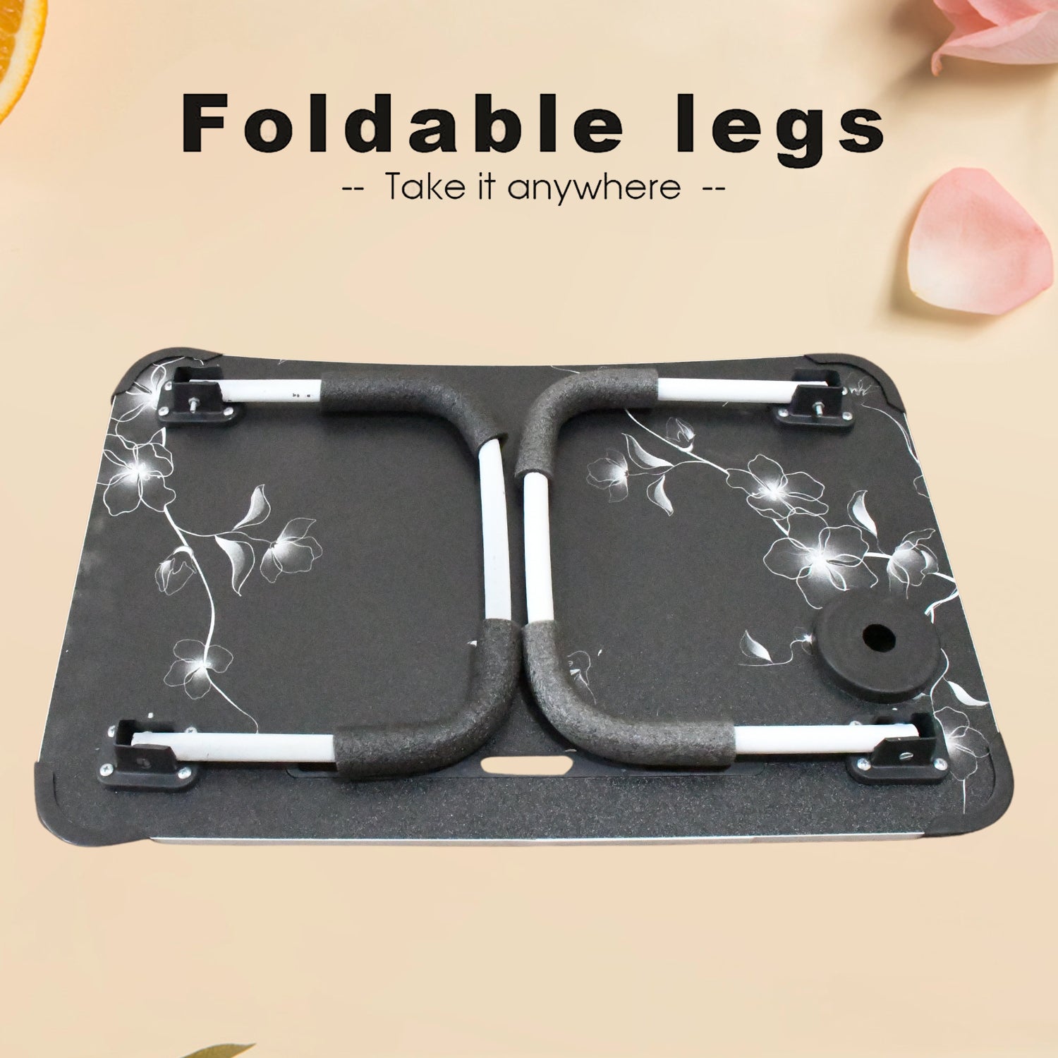 Space-saving foldable bed desk shown in its compact, folded state for easy storage.