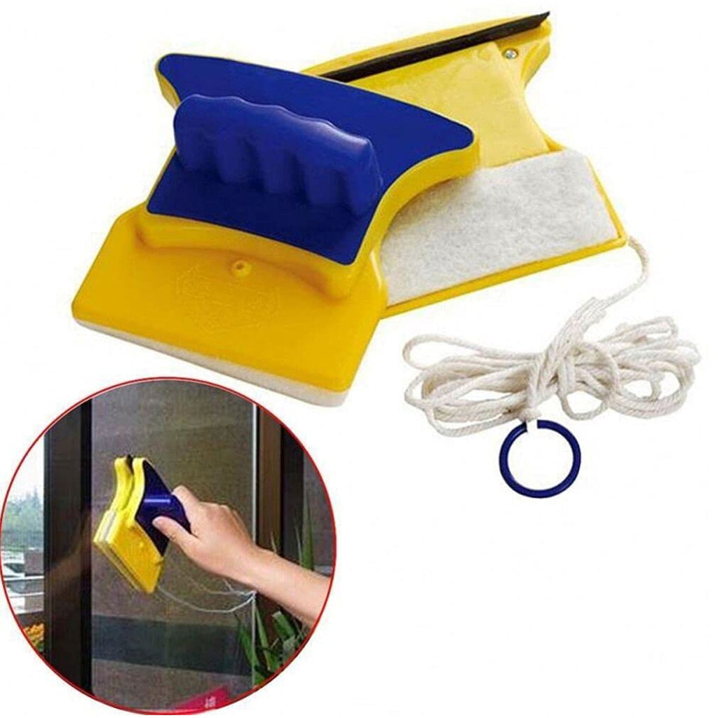 A person demonstrating the magnetic window cleaner in action on a home window, showing its ease of use.