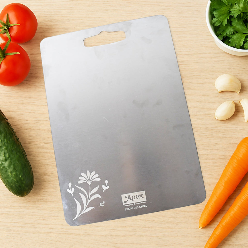 Medium sized stainless steel chopping board perfect for kitchen cutting tasks