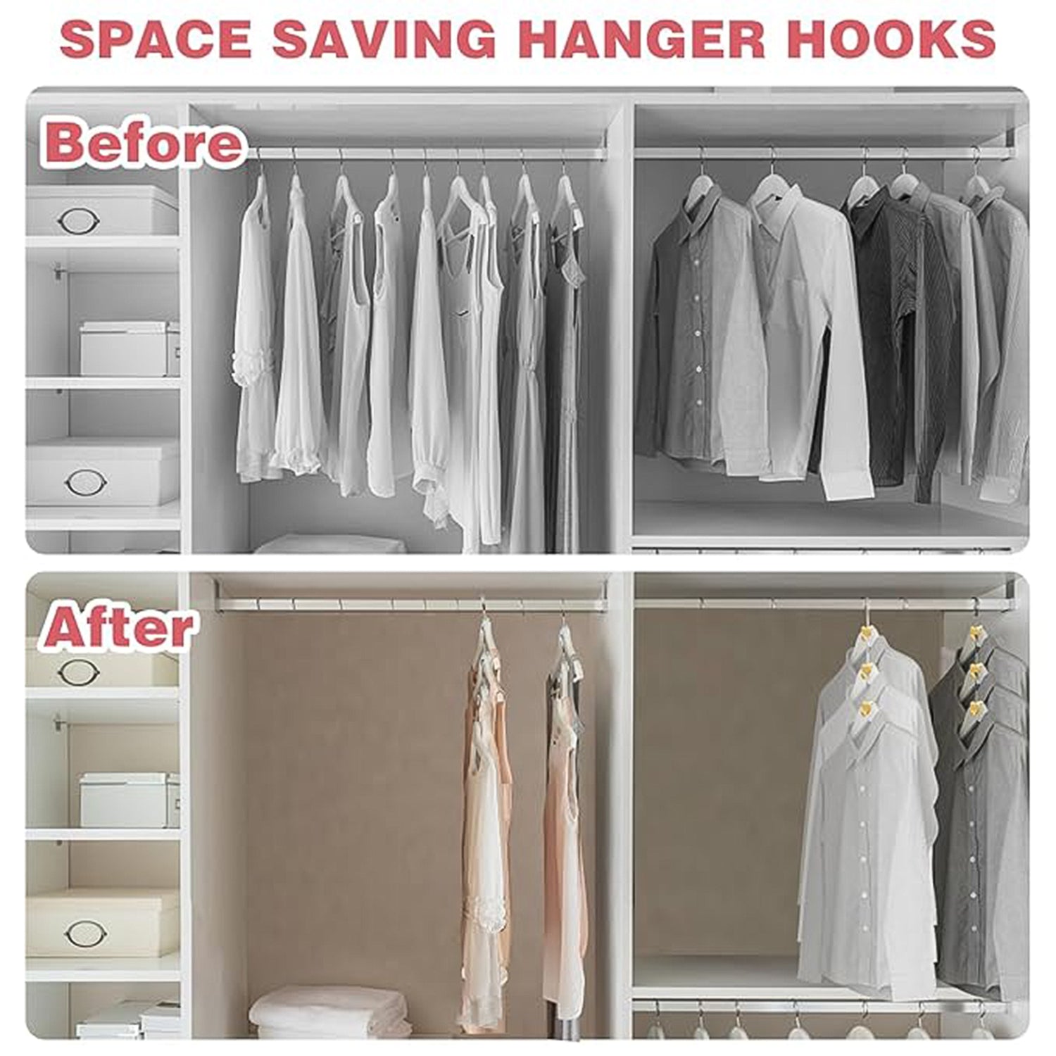 Space saver hook set using plastic triangle hanger connector hooks in wardrobe