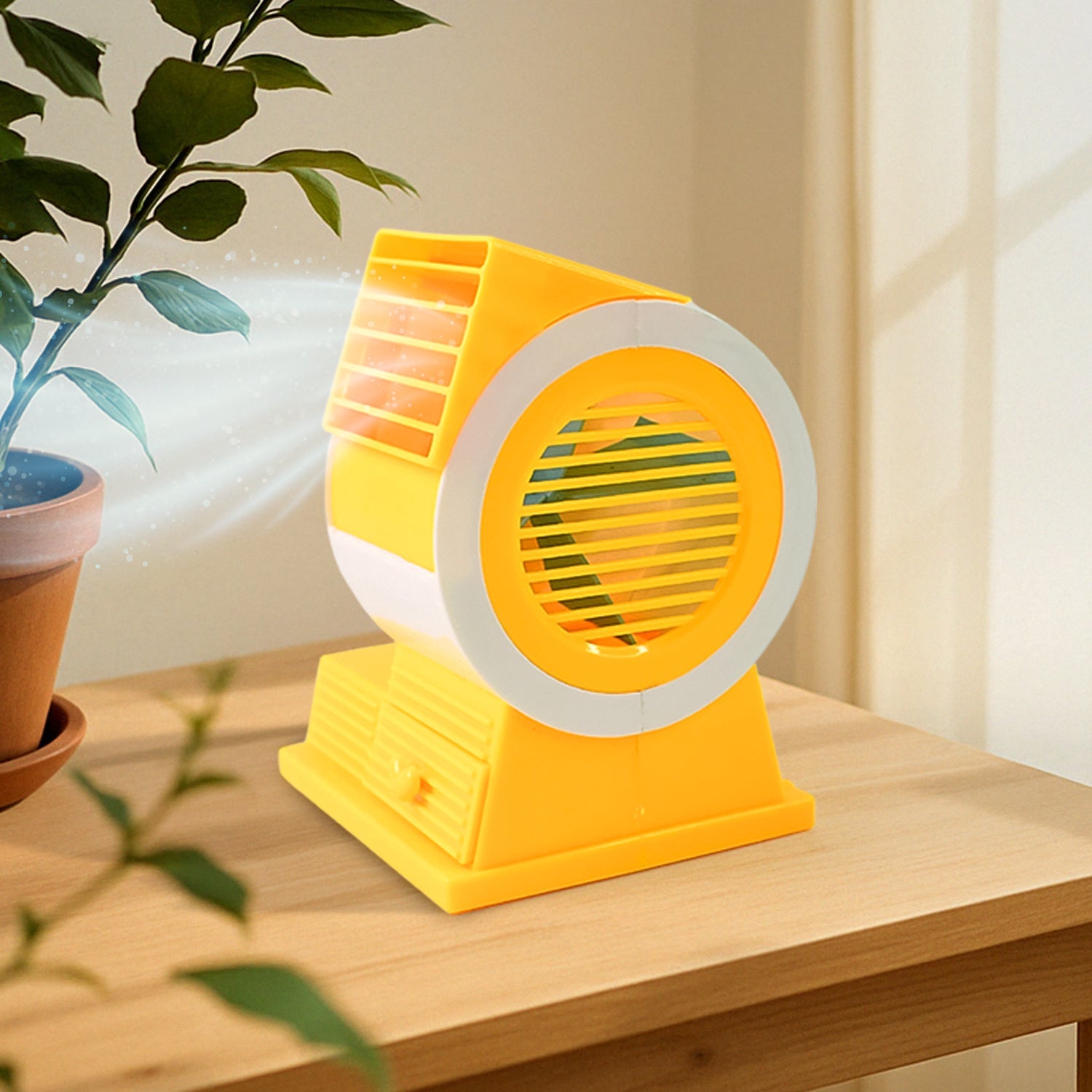 Mini dual-blade USB fan showing fragrance tray drawer