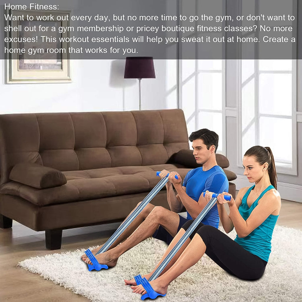 Man using the FitFuzion spring resistance band for arm and chest workouts.