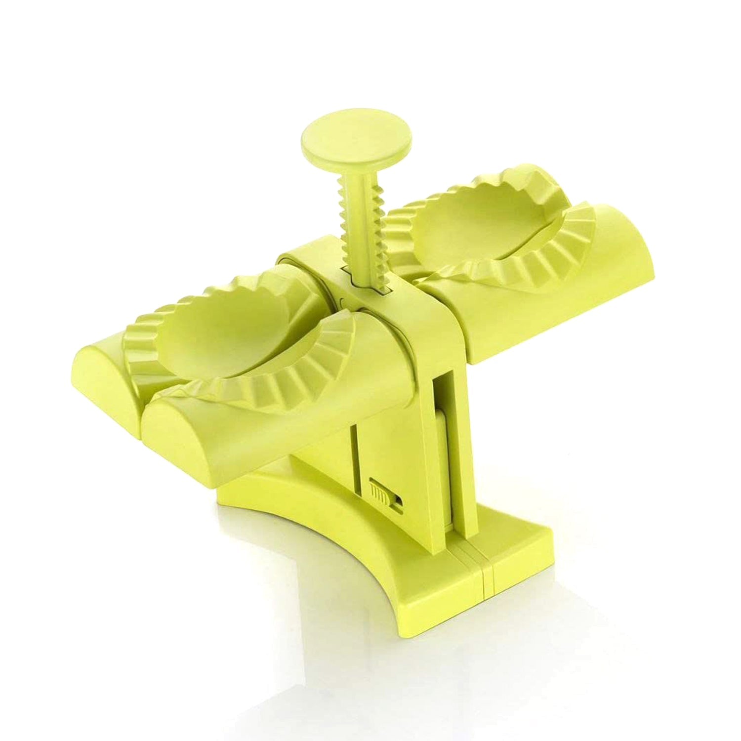 A hand holding the easy press dumpling tool, highlighting its ergonomic design.