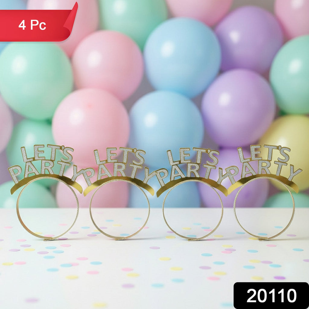 Set of four sparkling glitter LET'S PARTY crown party headbands for festive events