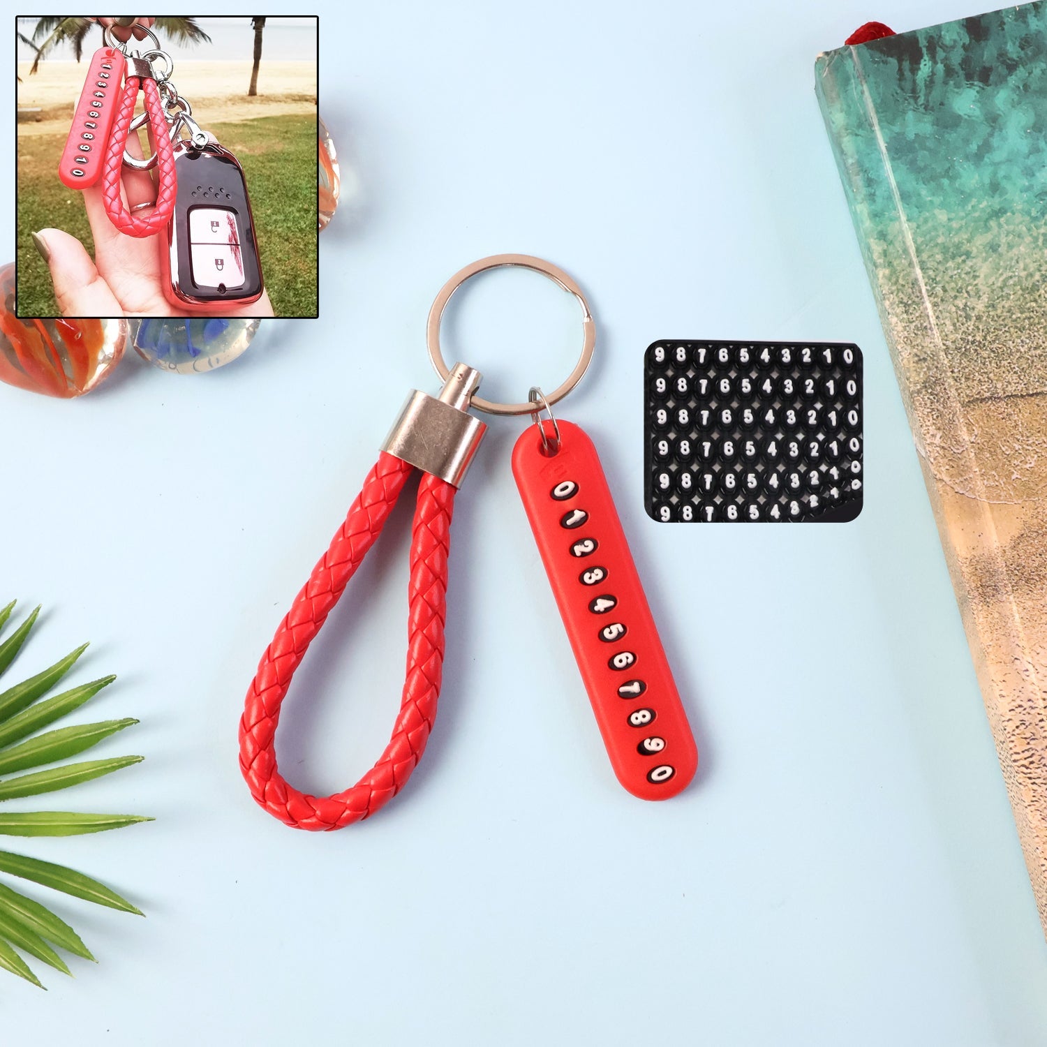 Anti-lost keychain with number plate displayed on white background