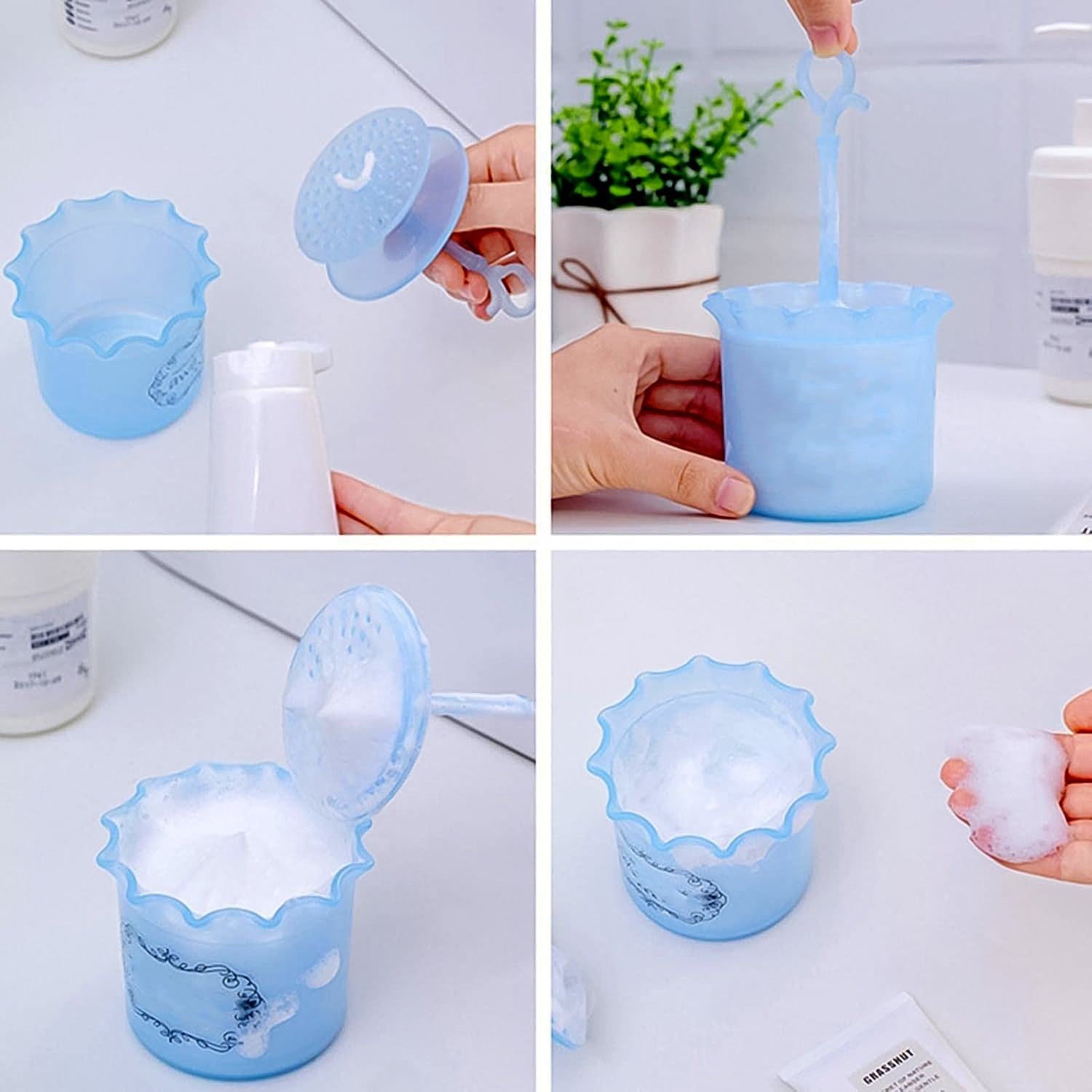 Blue foaming cleanser cup showing built-in mesh whisk for rich foam production